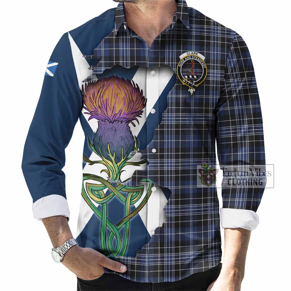 Tartan Vibes Clothing Clark (Clarke) Tartan Family Crest Long Sleeve Button Shirt Scottish Thistle Celtic Inspired