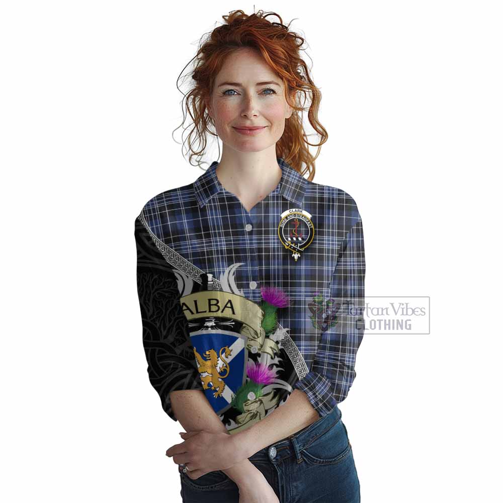 Tartan Vibes Clothing Clark (Clarke) Tartan Family Crest Women's Casual Shirt Lion Rampant Royal Thistle Shield Celtic Inspired