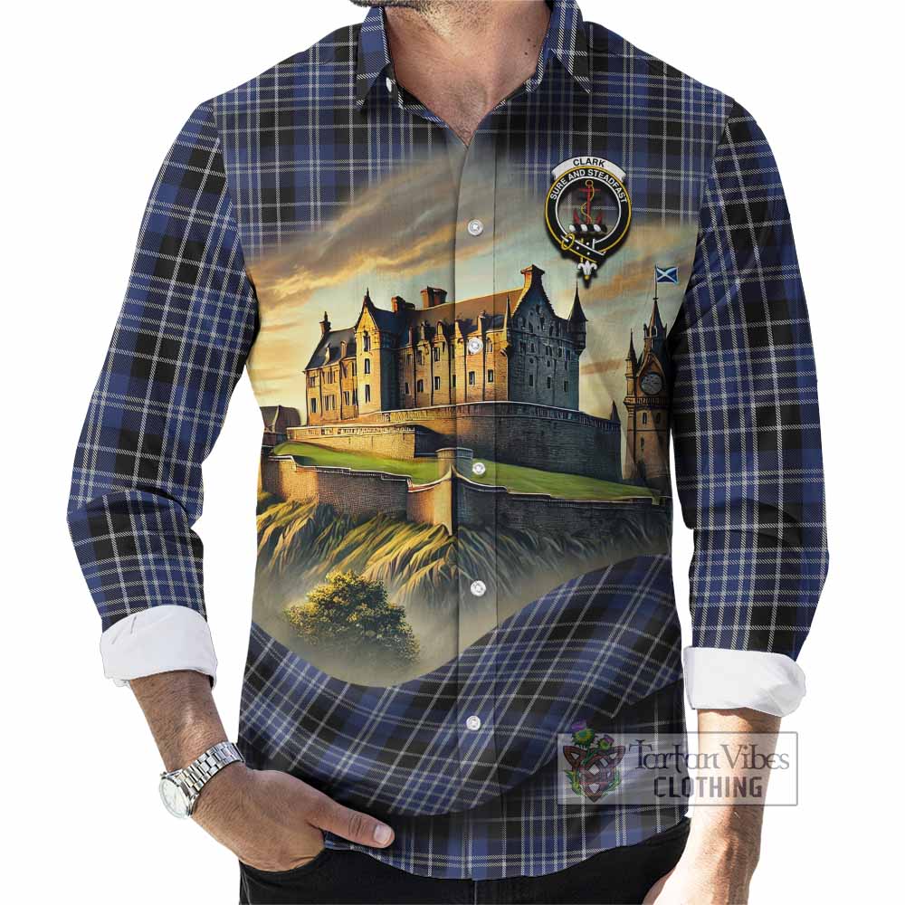 Tartan Vibes Clothing Clark (Clarke) Tartan Family Crest Long Sleeve Button Shirt with Scottish Ancient Castle Style