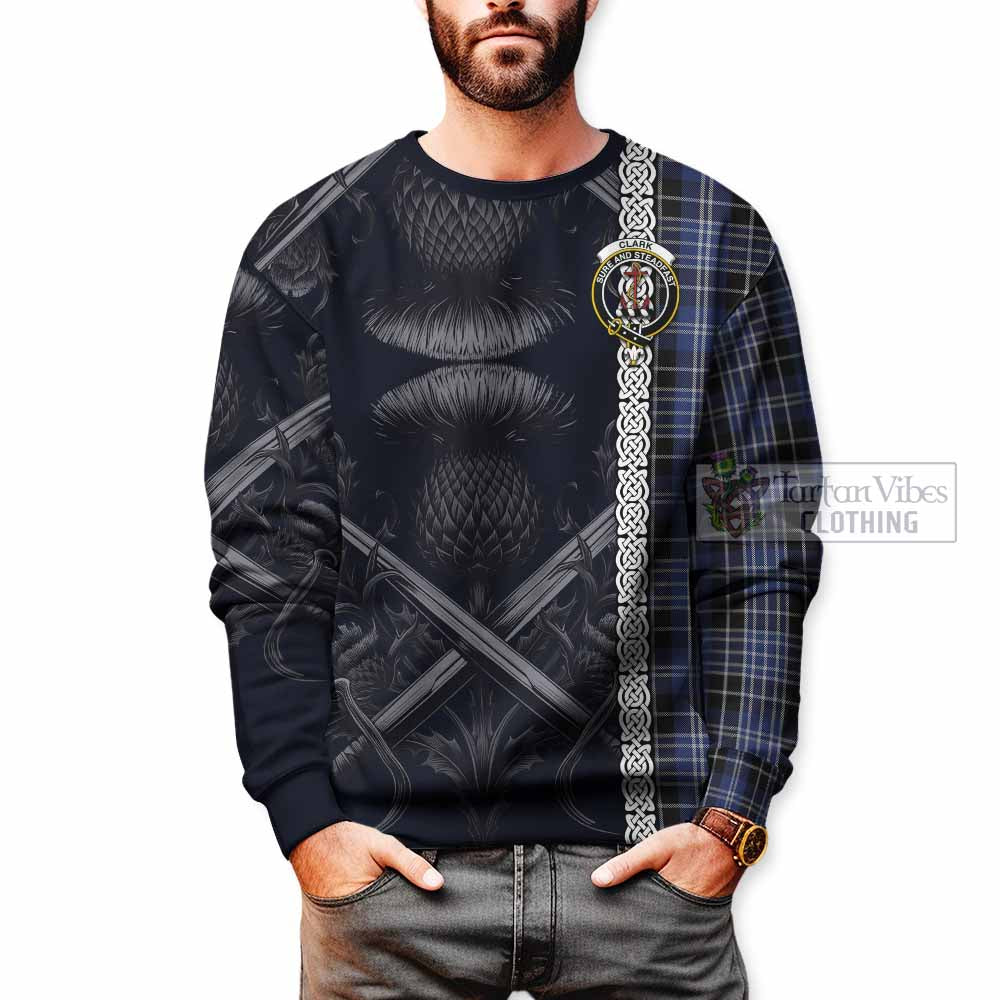 Tartan Vibes Clothing Clark (Clarke) Tartan Sweatshirt with Family Crest Cross Sword Thistle Celtic Vibes
