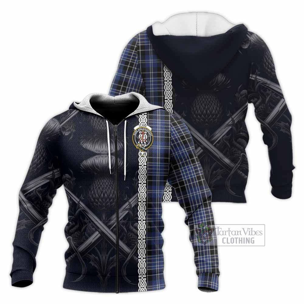 Tartan Vibes Clothing Clark (Clarke) Tartan Knitted Hoodie with Family Crest Cross Sword Thistle Celtic Vibes