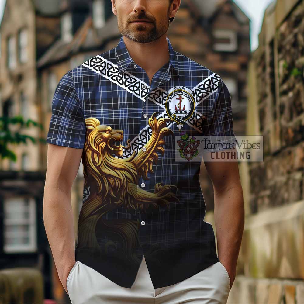 Tartan Vibes Clothing Clark (Clarke) Crest Tartan Short Sleeve Button Shirt with Golden Lion Emblem Celtic Style