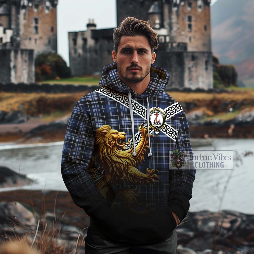 Tartan Vibes Clothing Clark (Clarke) Crest Tartan Cotton Hoodie with Golden Lion Emblem Celtic Style