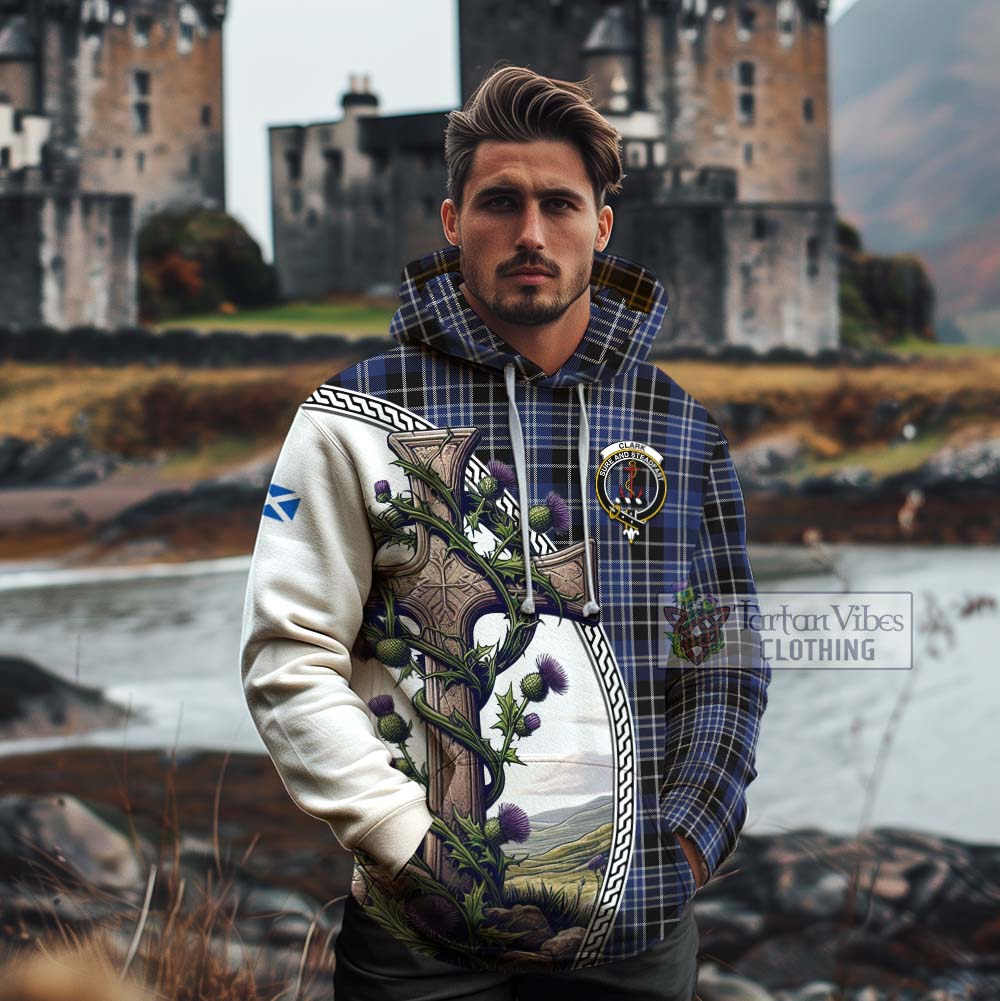 Tartan Vibes Clothing Clark (Clarke) Tartan Cotton Hoodie with Family Crest and St. Andrew's Cross Accented by Thistle Vines
