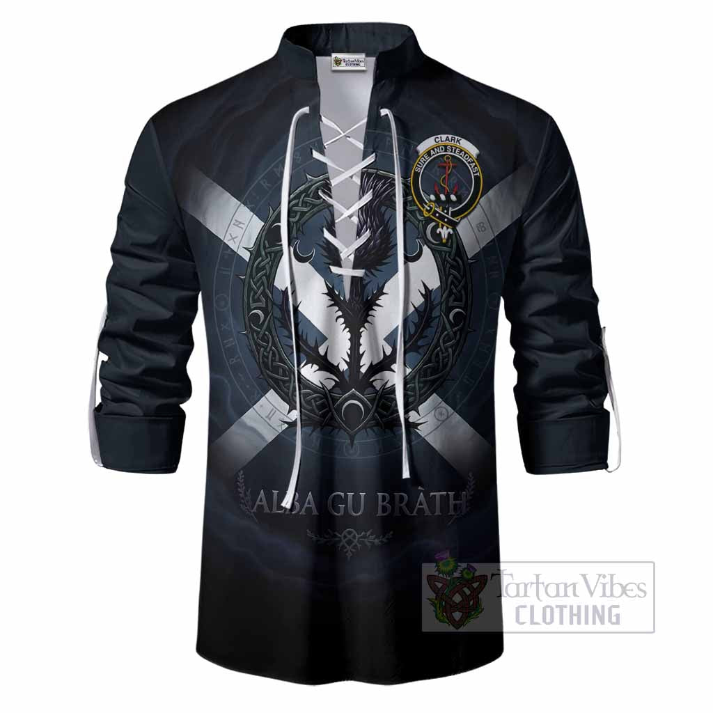 Clark (Clarke) Clan Crest Ghillie Shirt with Celtic Knot Thistle and Saltire