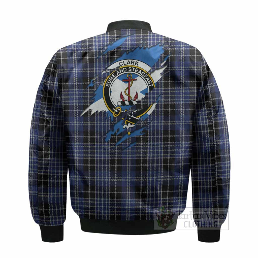 Clark (Clarke) Clan Crest In Me Tartan Bomber Jacket Scotland Flag Style