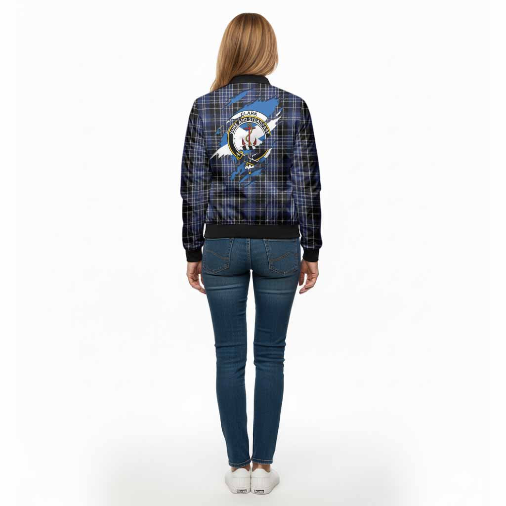 Clark (Clarke) Clan Crest In Me Tartan Bomber Jacket Scotland Flag Style