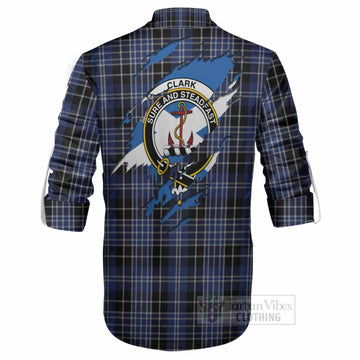 Clark (Clarke) Clan Crest In Me Tartan Ghillie Shirt Scotland Flag Style