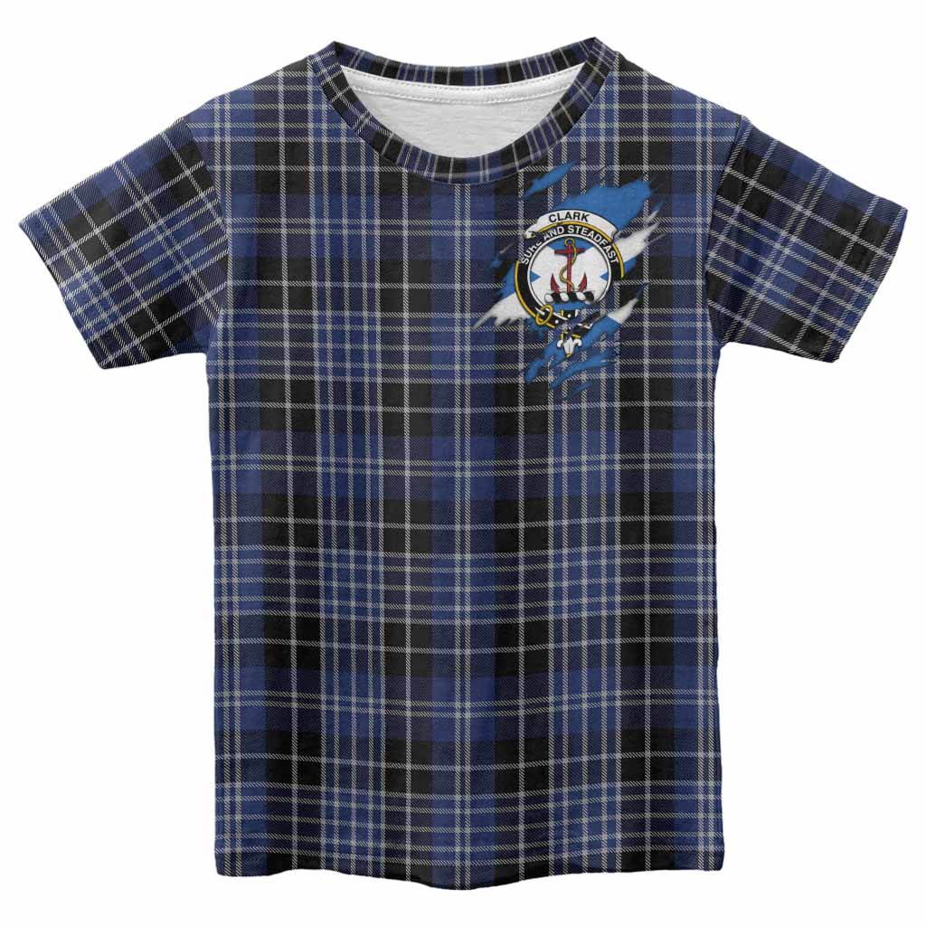 Clark (Clarke) Clan Crest In Me Tartan Kid T-shirt Scotland Flag Style
