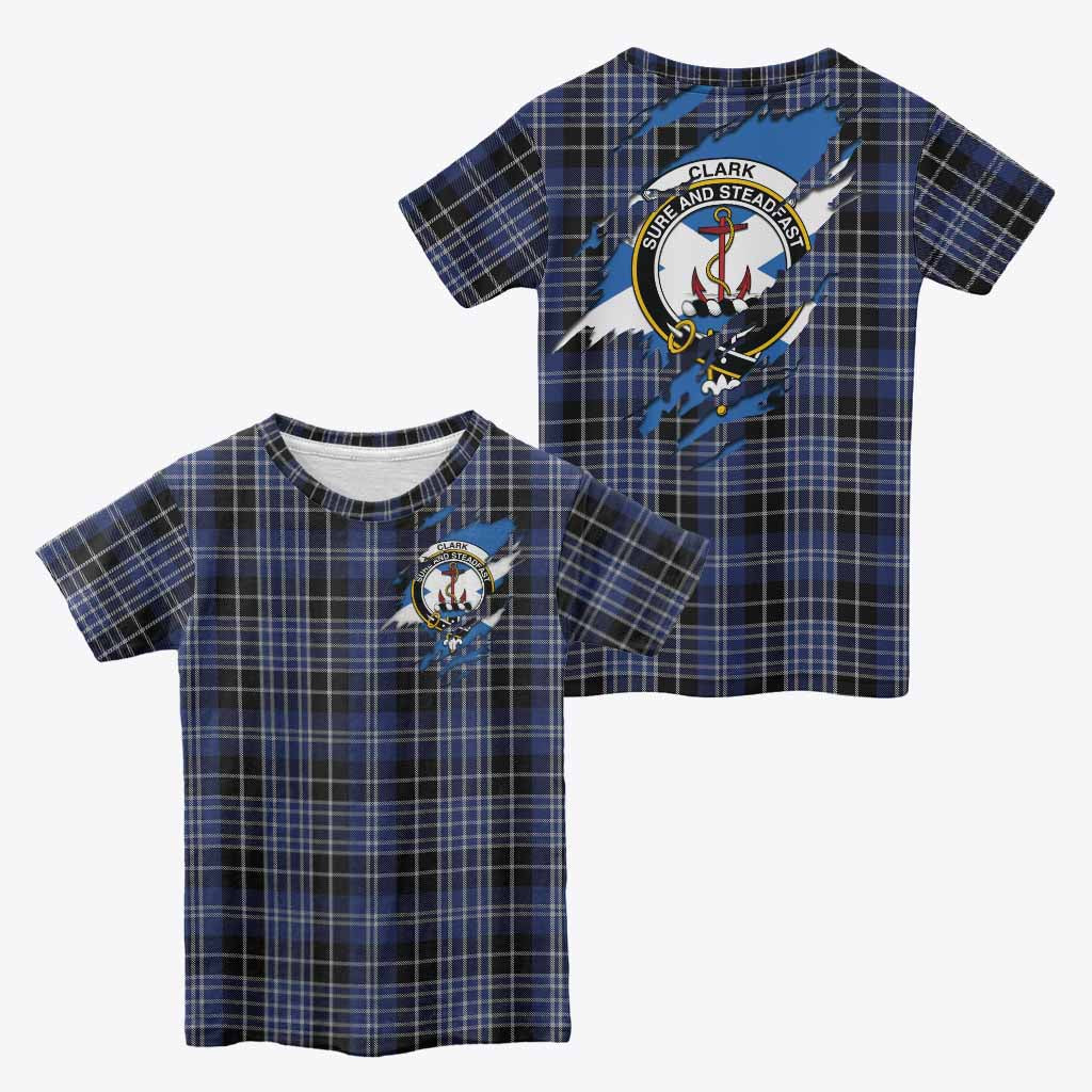 Clark (Clarke) Clan Crest In Me Tartan Kid T-shirt Scotland Flag Style