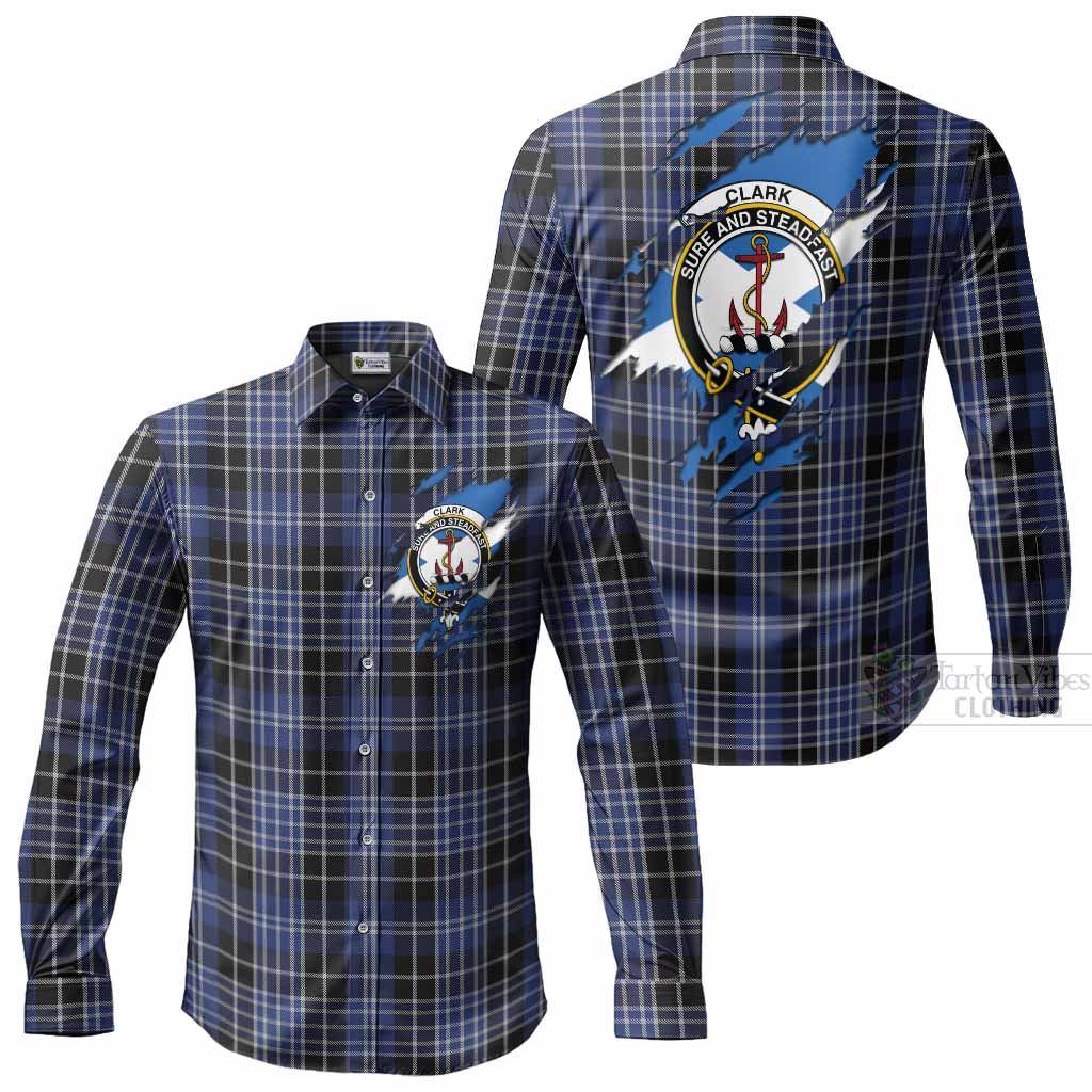 Clark (Clarke) Clan Crest In Me Tartan Long Sleeve Button Shirts Scotland Flag Style