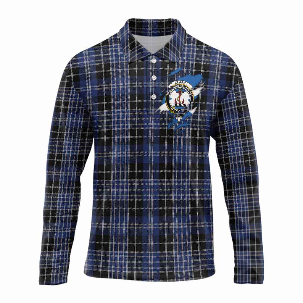 Clark (Clarke) Clan Crest In Me Tartan Long Sleeve Polo Shirt Scotland Flag Style