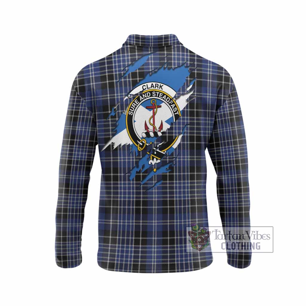Clark (Clarke) Clan Crest In Me Tartan Long Sleeve Polo Shirt Scotland Flag Style