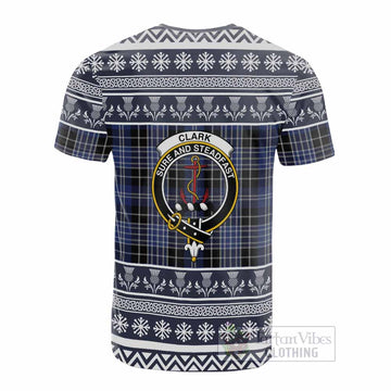 Clark (Clarke) Clan Tartan Christmas Cotton T-shirt with Family Crest