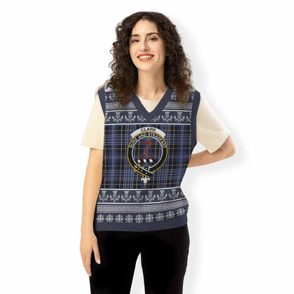 Clark (Clarke) Clan Tartan Christmas Knitted V-Neck Vest with Family Crest - Tartan Vibes Clothing