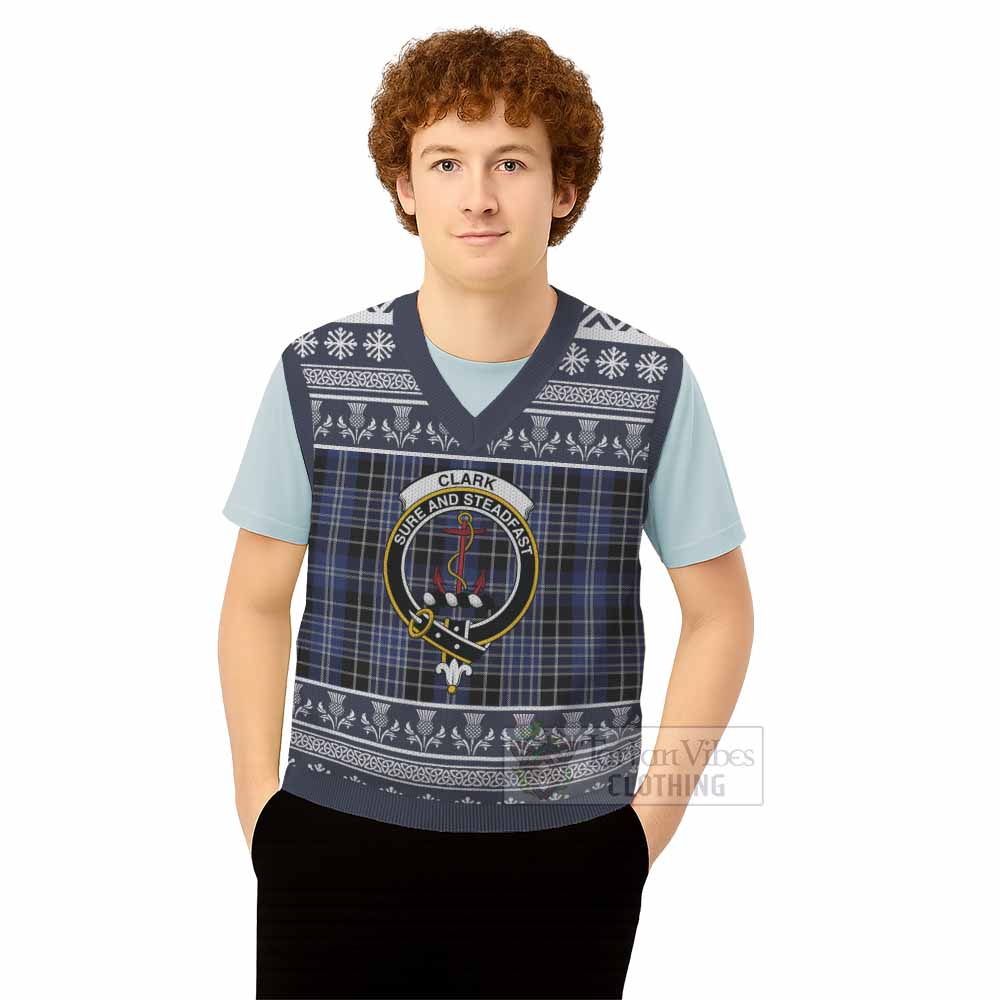 Clark (Clarke) Clan Tartan Christmas Knitted V-Neck Vest with Family Crest - Tartan Vibes Clothing