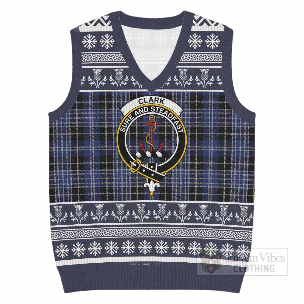 Clark (Clarke) Clan Tartan Christmas Knitted V-Neck Vest with Family Crest - Tartan Vibes Clothing