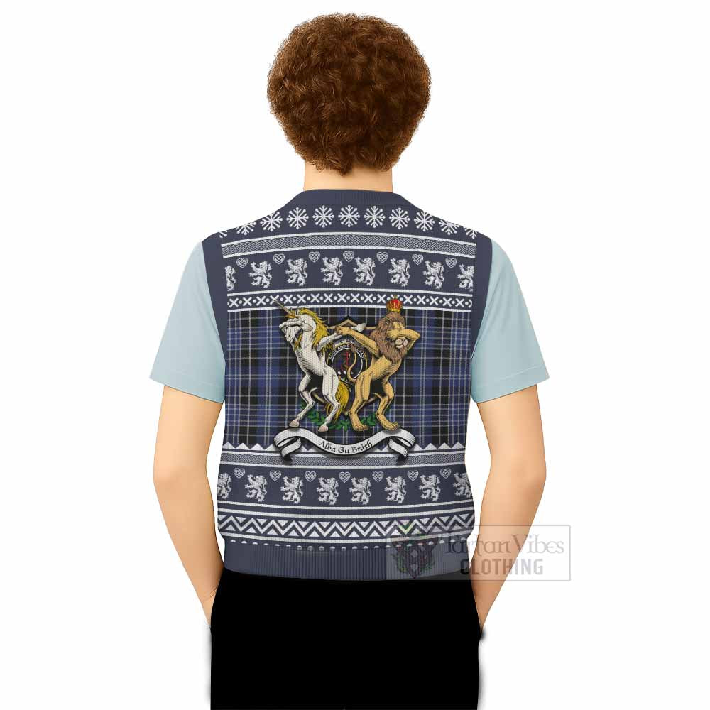 Clark (Clarke) Clan Tartan Crest Christmas Knitted V-Neck Vest Coat of Arms Funny Style - Tartan Vibes Clothing