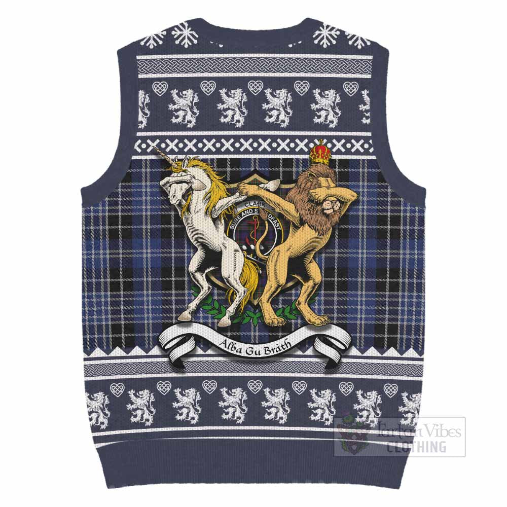 Clark (Clarke) Clan Tartan Crest Christmas Knitted V-Neck Vest Coat of Arms Funny Style - Tartan Vibes Clothing