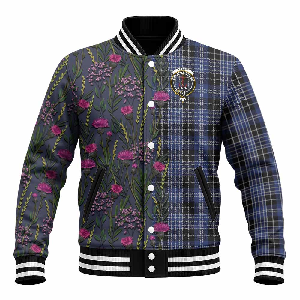 Clark (Clarke) Family Crest Tartan Baseball Jacket Scottish Thistle Flower Pattern Half Style - Tartan Vibes Clothing
