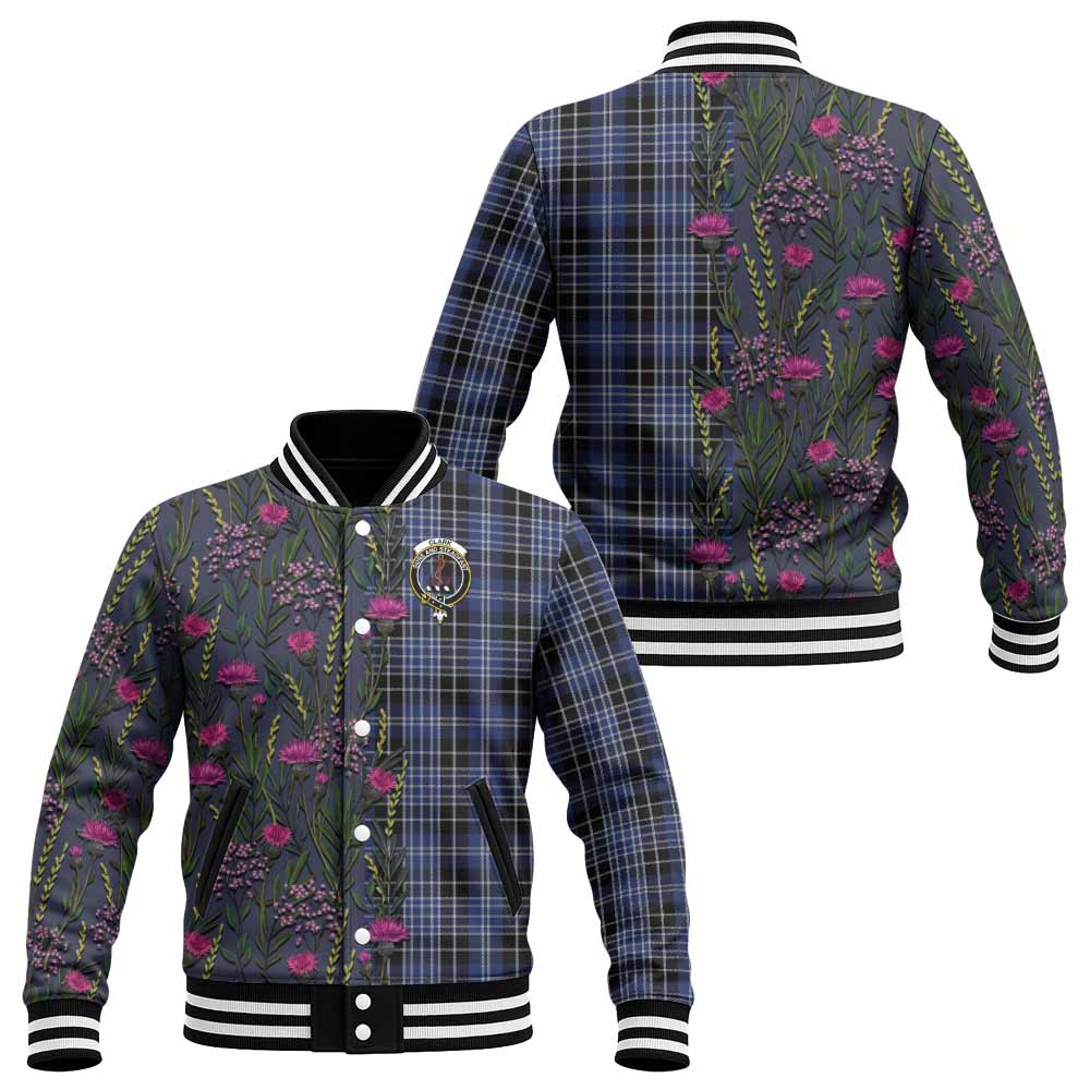 Clark (Clarke) Family Crest Tartan Baseball Jacket Scottish Thistle Flower Pattern Half Style - Tartan Vibes Clothing