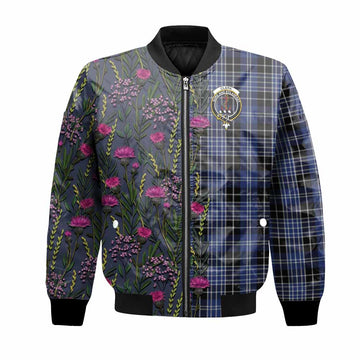 Clark (Clarke) Family Crest Tartan Bomber Jacket Scottish Thistle Flower Pattern Half Style