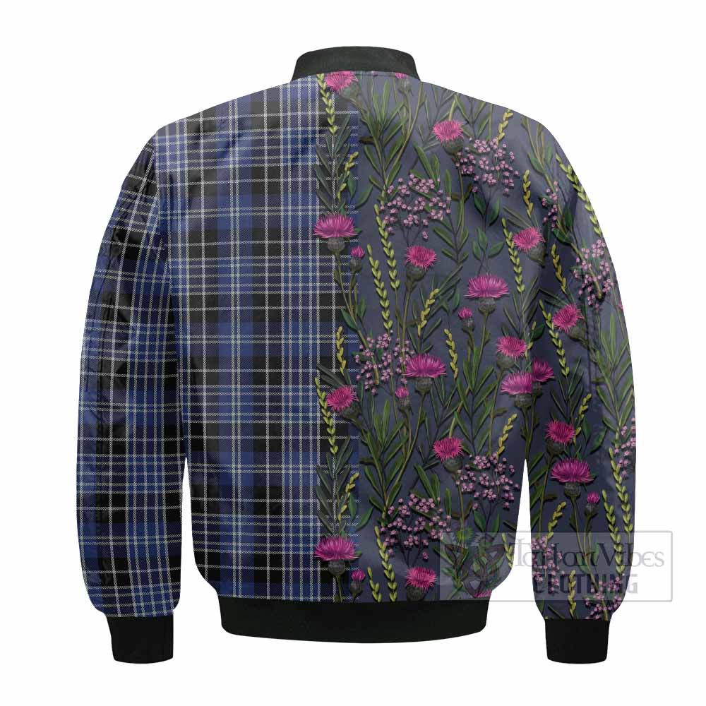 Clark (Clarke) Family Crest Tartan Bomber Jacket Scottish Thistle Flower Pattern Half Style - Tartan Vibes Clothing