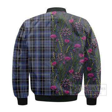 Clark (Clarke) Family Crest Tartan Bomber Jacket Scottish Thistle Flower Pattern Half Style
