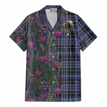 Clark (Clarke) Family Crest Tartan Cotton Hawaiian Shirt Scottish Thistle Flower Pattern Half Style