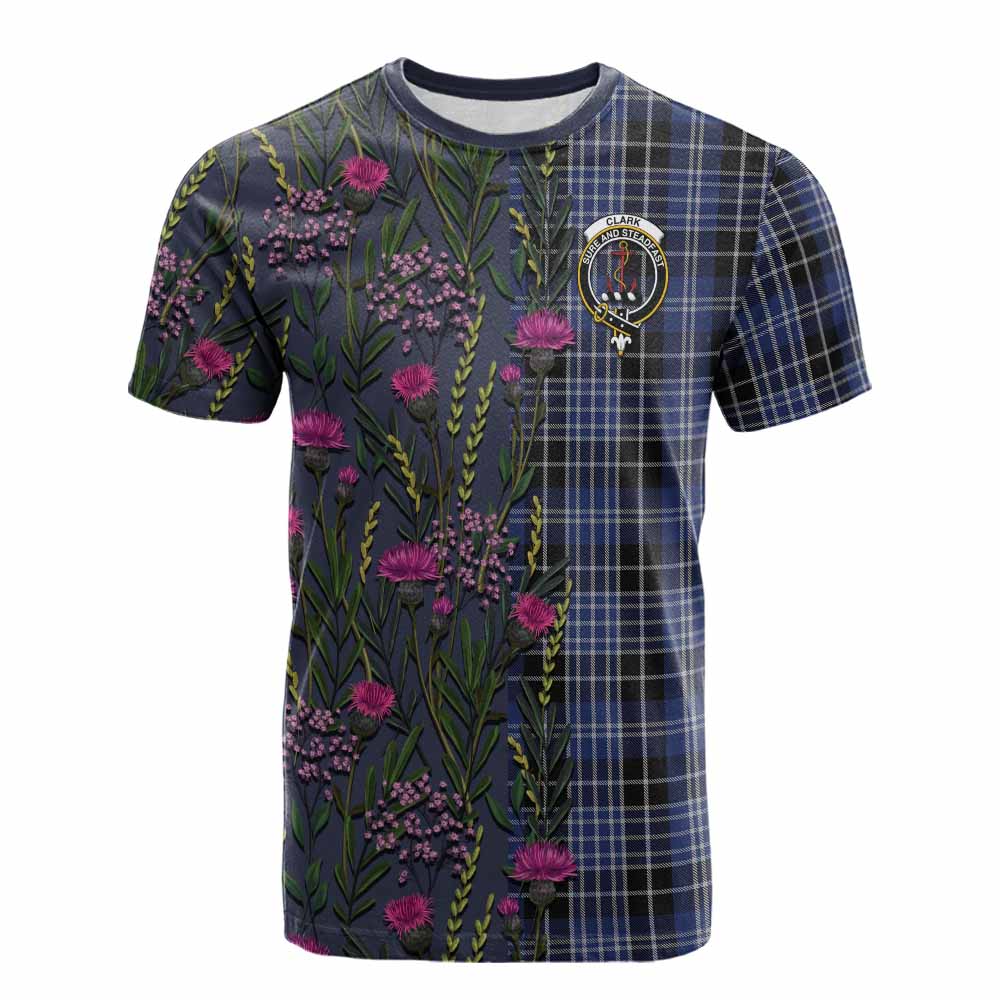 Clark (Clarke) Family Crest Tartan Cotton T-shirt Scottish Thistle Flower Pattern Half Style - Tartan Vibes Clothing