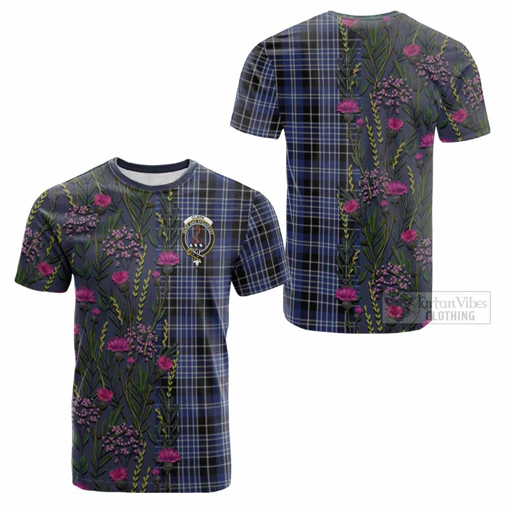 Clark (Clarke) Family Crest Tartan Cotton T-shirt Scottish Thistle Flower Pattern Half Style - Tartan Vibes Clothing