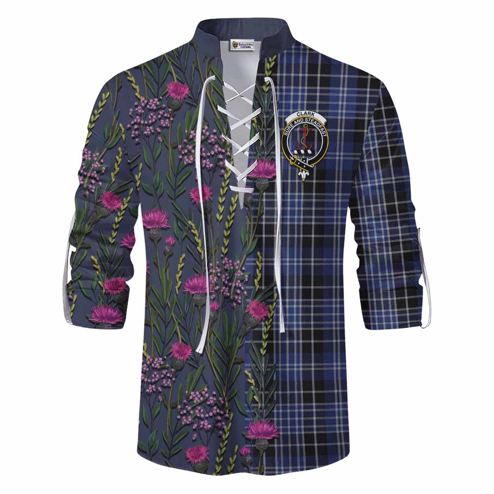 Clark (Clarke) Family Crest Tartan Ghillie Shirt Scottish Thistle Flower Pattern Half Style - Tartan Vibes Clothing