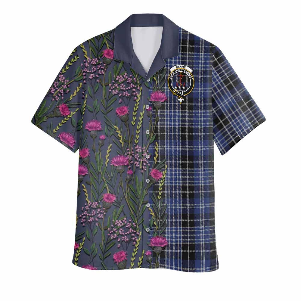 Clark (Clarke) Family Crest Tartan Hawaiian Shirt Scottish Thistle Flower Pattern Half Style - Tartan Vibes Clothing