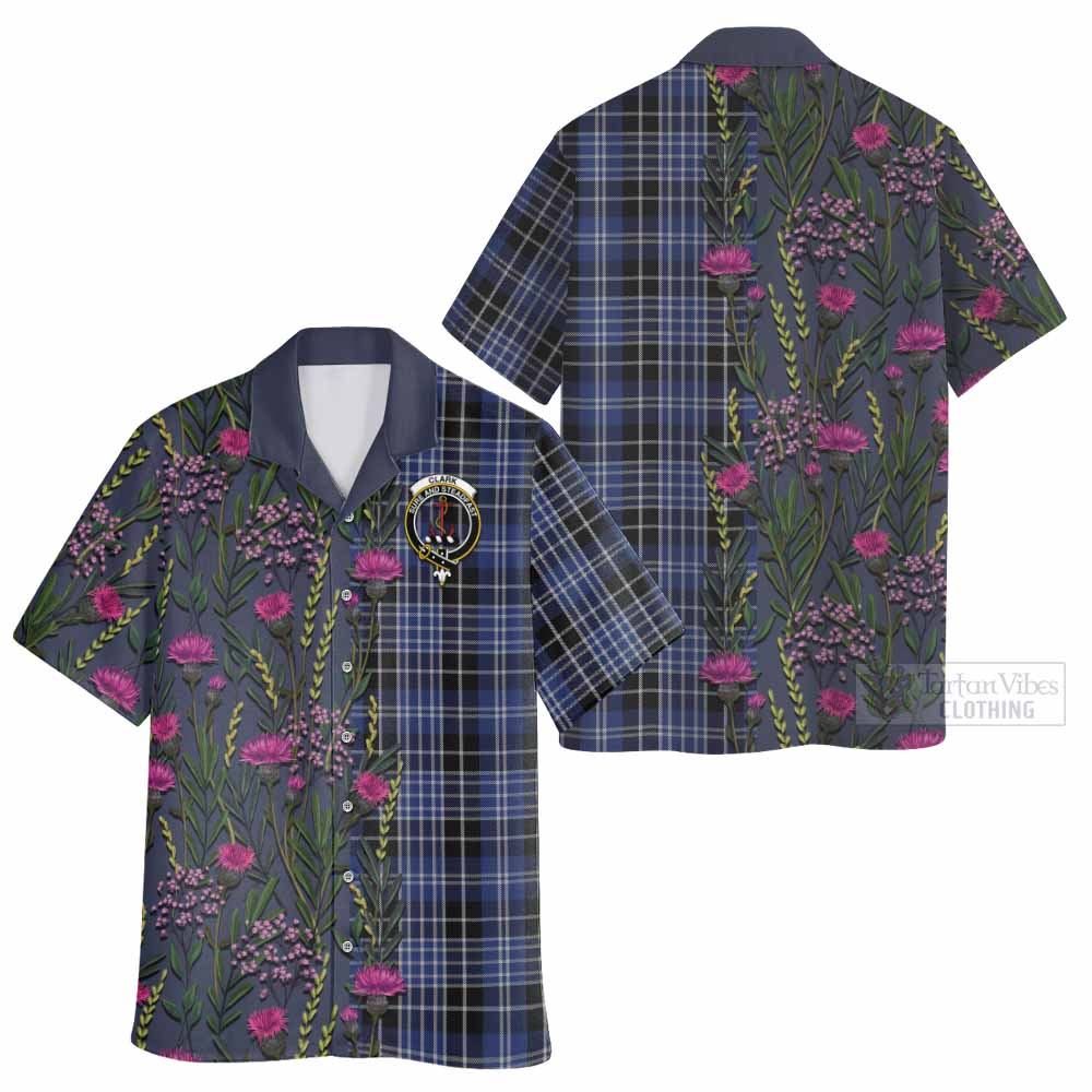 Clark (Clarke) Family Crest Tartan Hawaiian Shirt Scottish Thistle Flower Pattern Half Style - Tartan Vibes Clothing