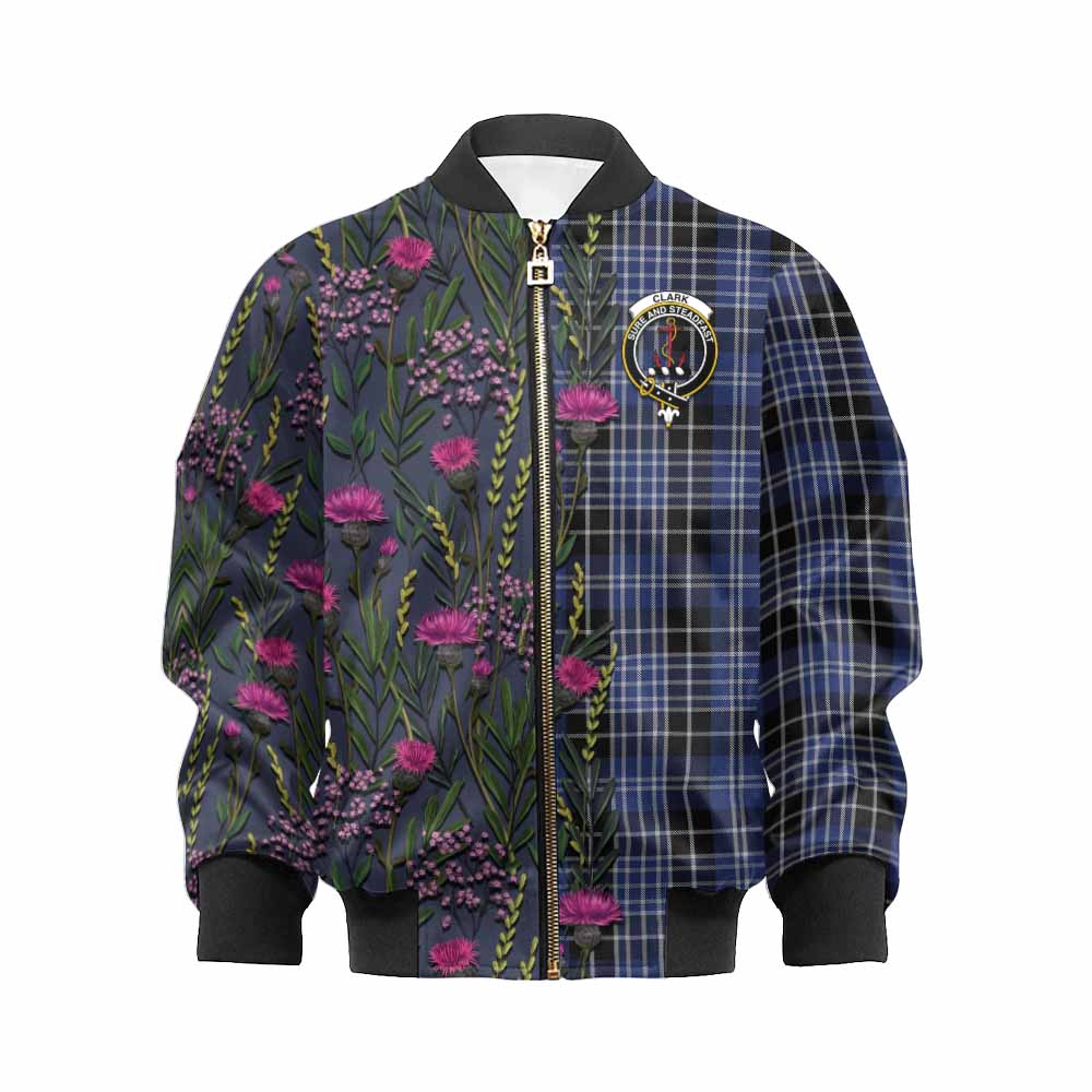Clark (Clarke) Family Crest Tartan Kid Bomber Jacket Scottish Thistle Flower Pattern Half Style - Tartan Vibes Clothing
