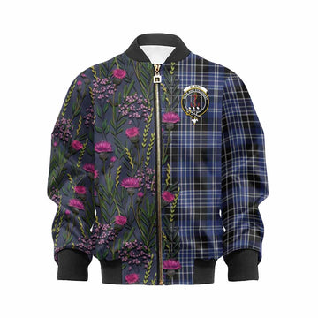 Clark (Clarke) Family Crest Tartan Kid Bomber Jacket Scottish Thistle Flower Pattern Half Style