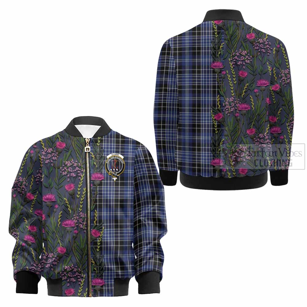 Clark (Clarke) Family Crest Tartan Kid Bomber Jacket Scottish Thistle Flower Pattern Half Style - Tartan Vibes Clothing