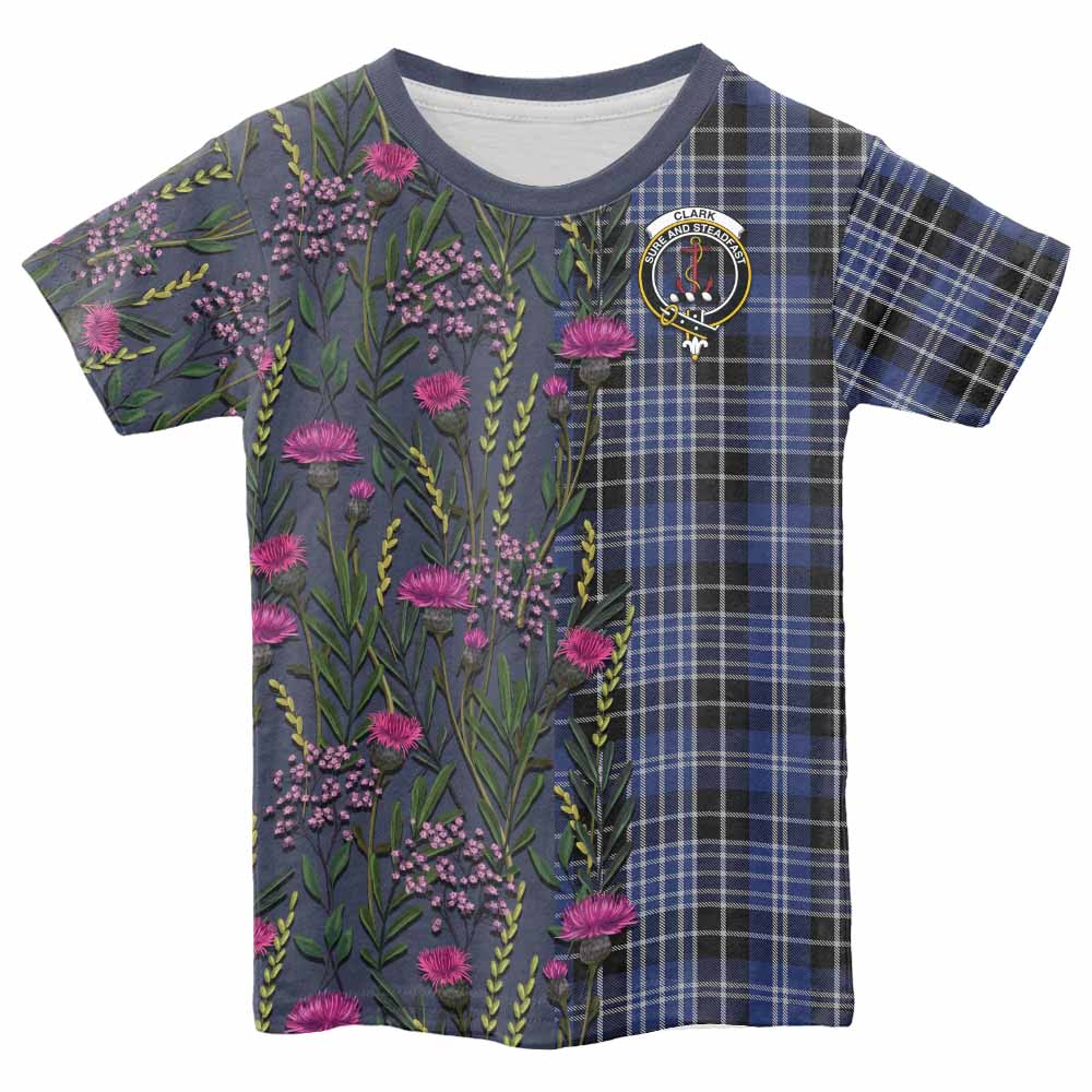 Clark (Clarke) Family Crest Tartan Kid T-shirt Scottish Thistle Flower Pattern Half Style - Tartan Vibes Clothing