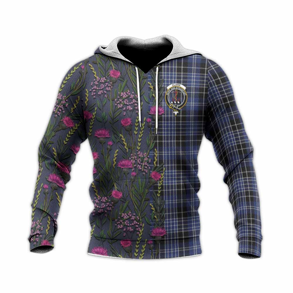 Clark (Clarke) Family Crest Tartan Knitted Hoodie Scottish Thistle Flower Pattern Half Style - Tartan Vibes Clothing