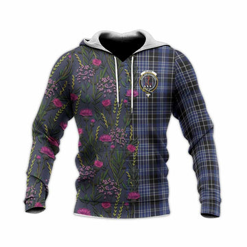 Clark (Clarke) Family Crest Tartan Knitted Hoodie Scottish Thistle Flower Pattern Half Style