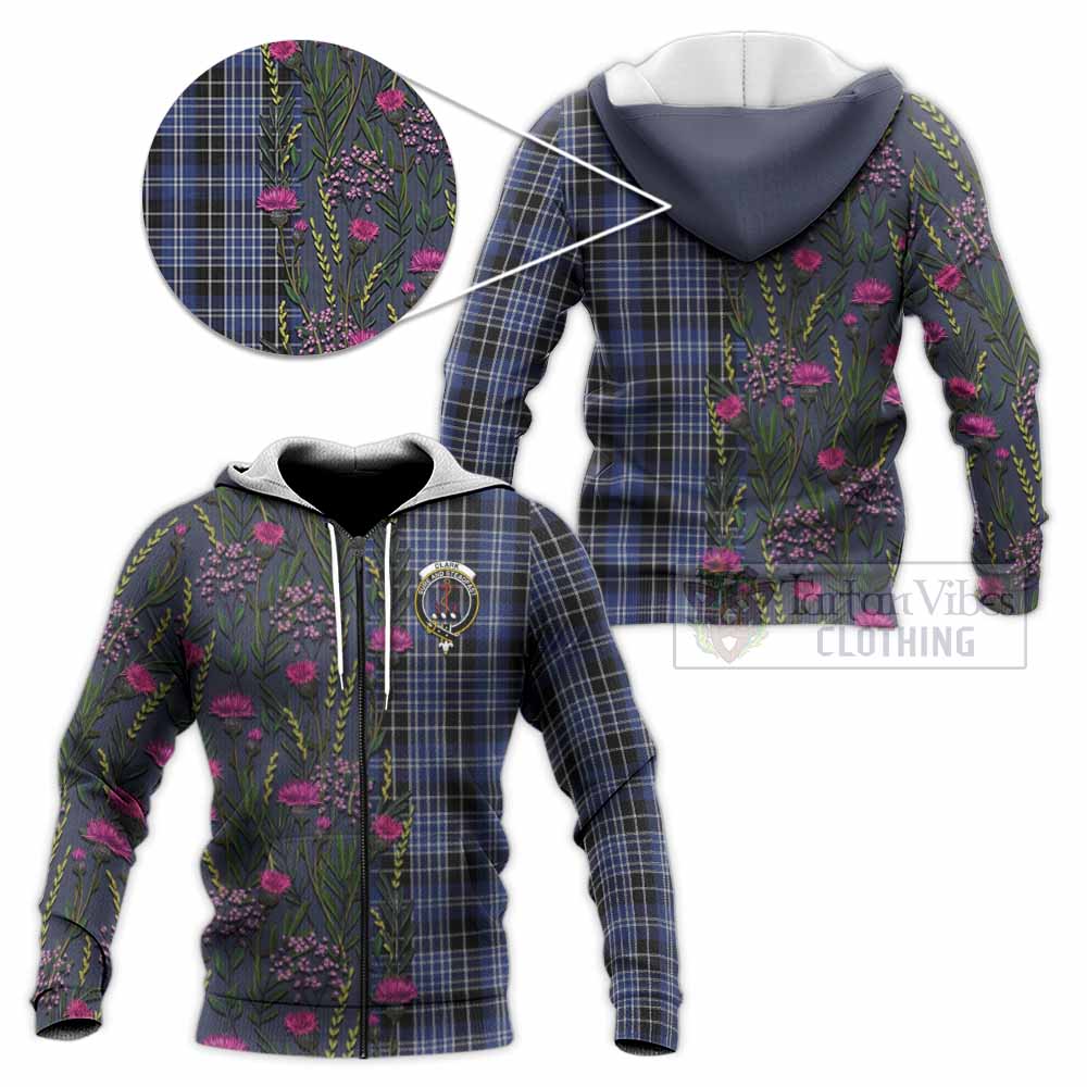 Clark (Clarke) Family Crest Tartan Knitted Hoodie Scottish Thistle Flower Pattern Half Style - Tartan Vibes Clothing
