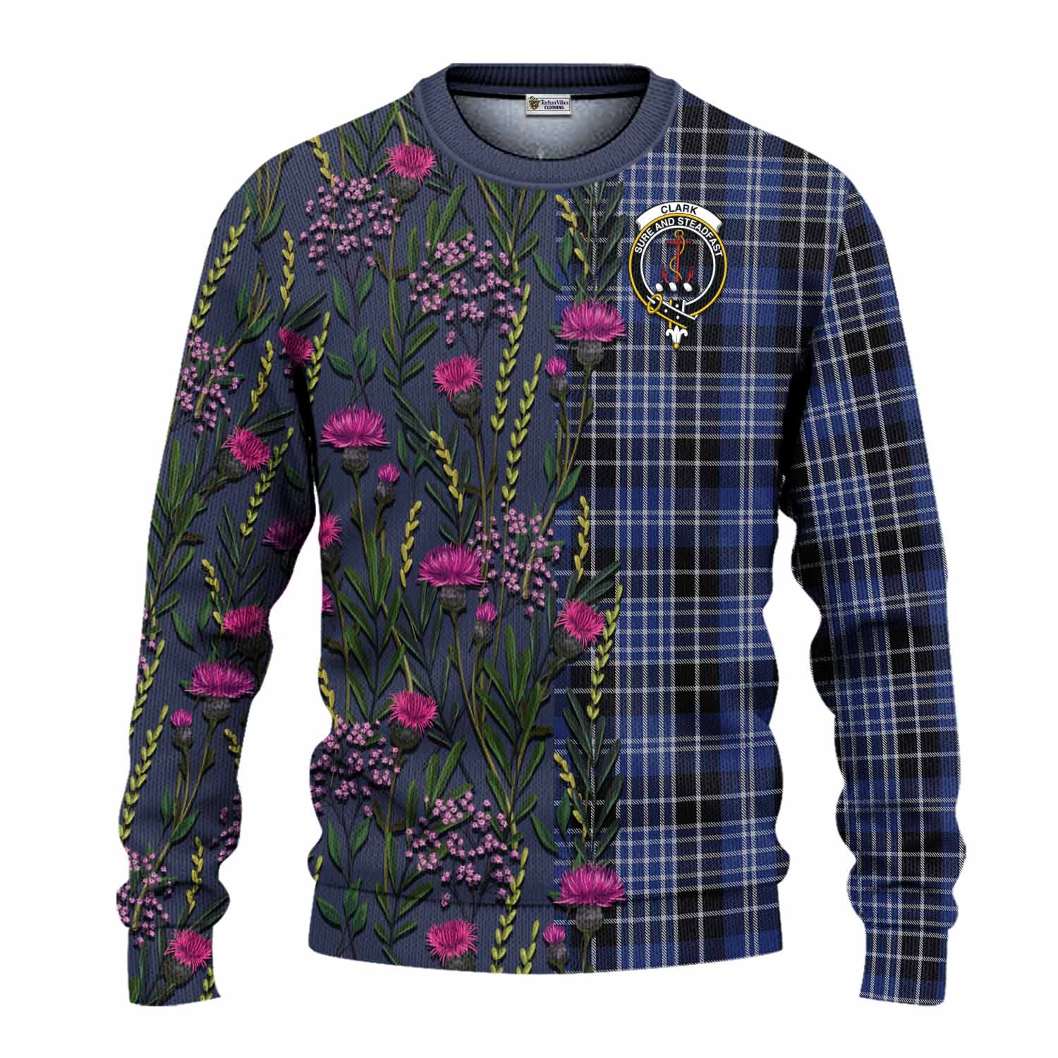 Clark (Clarke) Family Crest Tartan Knitted Sweater Scottish Thistle Flower Pattern Half Style - Tartan Vibes Clothing