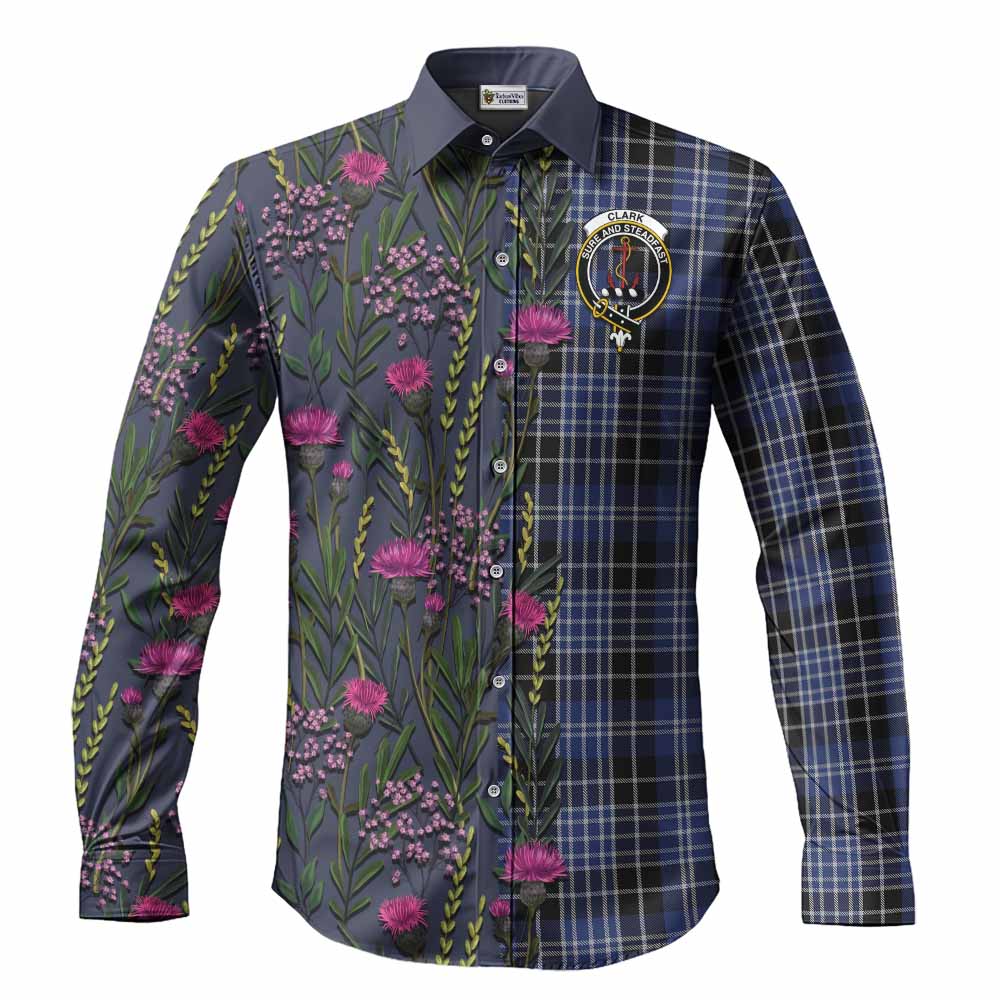 Clark (Clarke) Family Crest Tartan Long Sleeve Button Shirts Scottish Thistle Flower Pattern Half Style - Tartan Vibes Clothing
