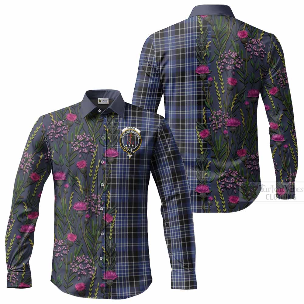 Clark (Clarke) Family Crest Tartan Long Sleeve Button Shirts Scottish Thistle Flower Pattern Half Style - Tartan Vibes Clothing