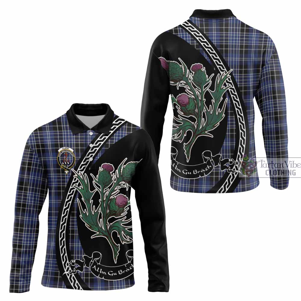 Clark (Clarke) Family Crest Tartan Long Sleeve Polo Shirt Alba Thistle Inspired - Tartan Vibes Clothing