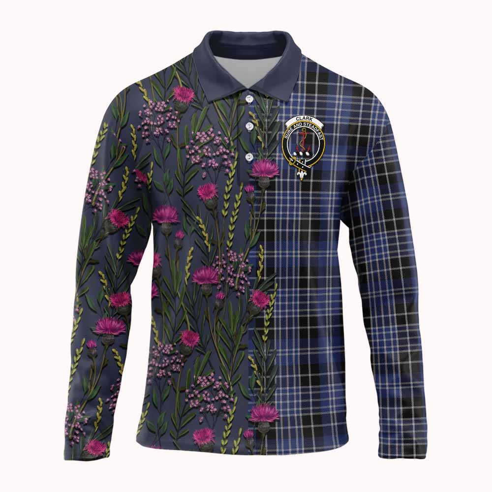 Clark (Clarke) Family Crest Tartan Long Sleeve Polo Shirt Scottish Thistle Flower Pattern Half Style - Tartan Vibes Clothing