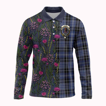 Clark (Clarke) Family Crest Tartan Long Sleeve Polo Shirt Scottish Thistle Flower Pattern Half Style - Tartan Vibes Clothing