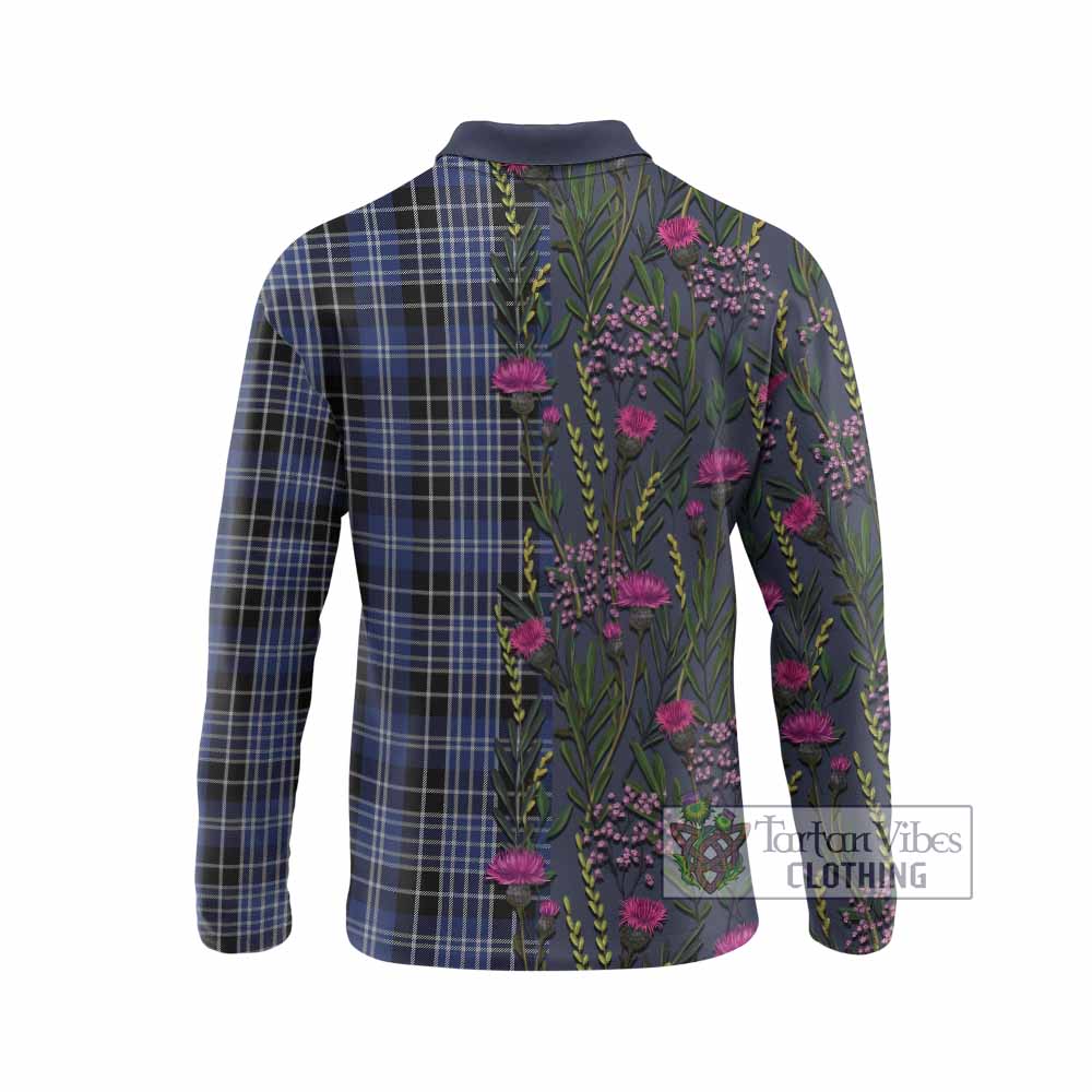 Clark (Clarke) Family Crest Tartan Long Sleeve Polo Shirt Scottish Thistle Flower Pattern Half Style - Tartan Vibes Clothing