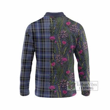 Clark (Clarke) Family Crest Tartan Long Sleeve Polo Shirt Scottish Thistle Flower Pattern Half Style - Tartan Vibes Clothing
