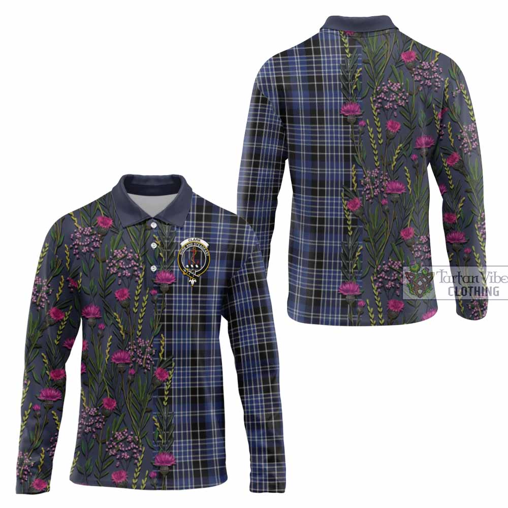 Clark (Clarke) Family Crest Tartan Long Sleeve Polo Shirt Scottish Thistle Flower Pattern Half Style - Tartan Vibes Clothing